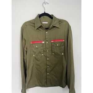 Michael Bastian Button Shirt Men 15 3/4‎ Green Cotton Red Zipper Pocket Long